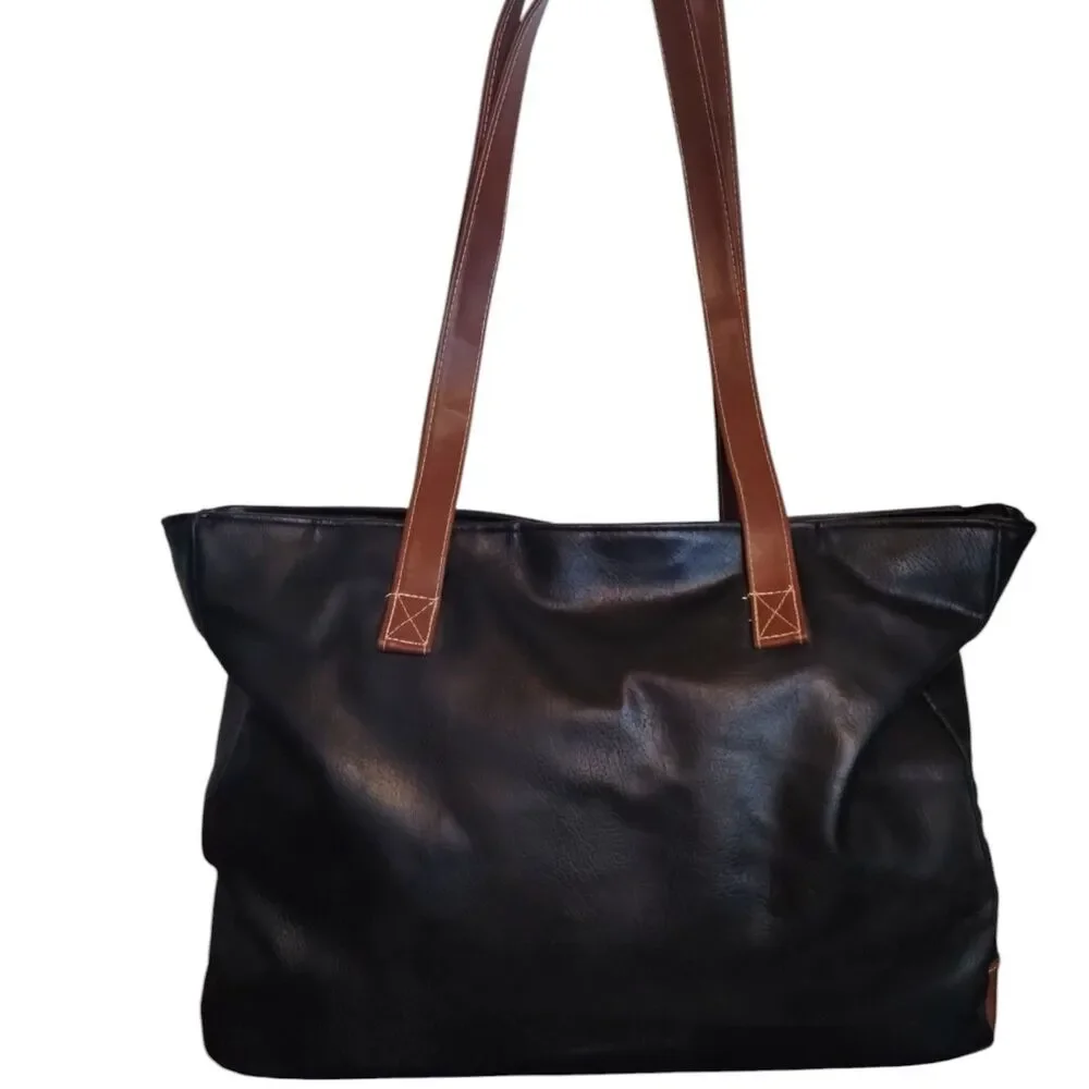 Mountain Ridge Black and Brown Faux Leather Zipper Snap Closure Tote